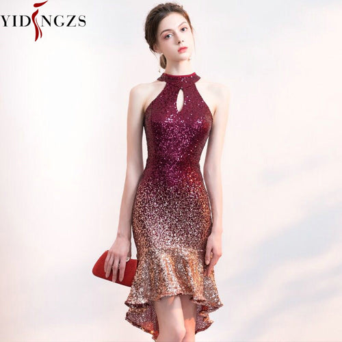 New Women Halter Elegant Sequin Prom Dress Short Front Long Back Sparkle Party Dress