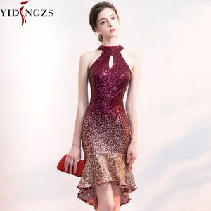 New Women Halter Elegant Sequin Prom Dress Short Front Long Back Sparkle Party Dress