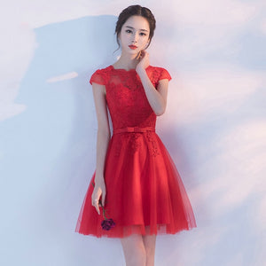 Cheap Customized Cap Sleeve Prom Dress Appliques Ball Gown Evening Dresses Vintage Knee Length Special Occasion Gowns