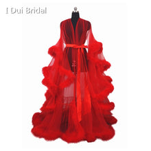Load image into Gallery viewer, Bridal Boudoir Robe Pink Feather Bridal Sheer Robe Tulle Illusion Long Birthday Feather Robe Costume Bachelorette Party Dress