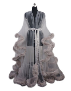 Bridal Boudoir Robe Pink Feather Bridal Sheer Robe Tulle Illusion Long Birthday Feather Robe Costume Bachelorette Party Dress