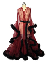 Load image into Gallery viewer, Bridal Boudoir Robe Pink Feather Bridal Sheer Robe Tulle Illusion Long Birthday Feather Robe Costume Bachelorette Party Dress