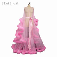 Load image into Gallery viewer, Bridal Boudoir Robe Pink Feather Bridal Sheer Robe Tulle Illusion Long Birthday Feather Robe Costume Bachelorette Party Dress