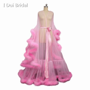 Bridal Boudoir Robe Pink Feather Bridal Sheer Robe Tulle Illusion Long Birthday Feather Robe Costume Bachelorette Party Dress