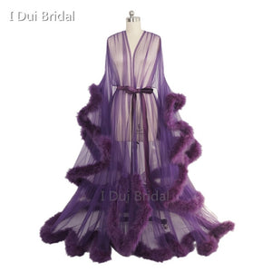 Bridal Boudoir Robe Pink Feather Bridal Sheer Robe Tulle Illusion Long Birthday Feather Robe Costume Bachelorette Party Dress
