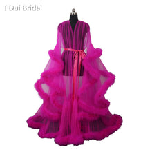 Load image into Gallery viewer, Bridal Boudoir Robe Pink Feather Bridal Sheer Robe Tulle Illusion Long Birthday Feather Robe Costume Bachelorette Party Dress
