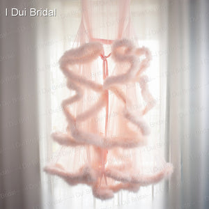 Bridal Boudoir Robe Pink Feather Bridal Sheer Robe Tulle Illusion Long Birthday Feather Robe Costume Bachelorette Party Dress
