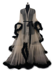 Bridal Boudoir Robe Pink Feather Bridal Sheer Robe Tulle Illusion Long Birthday Feather Robe Costume Bachelorette Party Dress