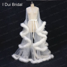 Load image into Gallery viewer, Bridal Boudoir Robe Pink Feather Bridal Sheer Robe Tulle Illusion Long Birthday Feather Robe Costume Bachelorette Party Dress