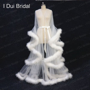 Bridal Boudoir Robe Pink Feather Bridal Sheer Robe Tulle Illusion Long Birthday Feather Robe Costume Bachelorette Party Dress