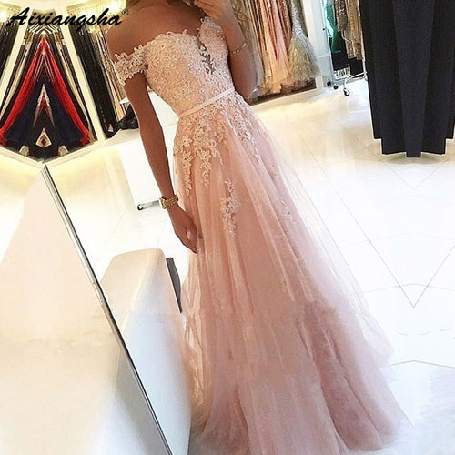 Pink 2020 Prom Dresses A-Line Off the Shoulder Sweetheart Beaded Lace Tulle Long Prom Gown Evening Party Dresses Robe De Soiree
