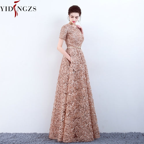 With Pockets Fashion Khaki Lace Prom Dress Simple Floor-length Party Formal Evening Gown