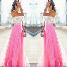 Load image into Gallery viewer, Stylish Pink Long Prom Dresses 2019 Cheap Prom Dress Women Real Photos O-Neck Chiffon Lace A-Line Banquet Evening Party Gown New
