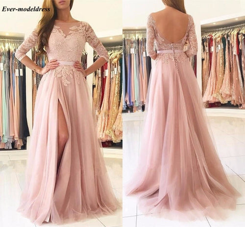 Blush Pink Bridesmaid Dresses 2019 Sexy A-Line High Split Backless Lace Long Sleeve Floor Length Wedding Guest Prom Party Dress