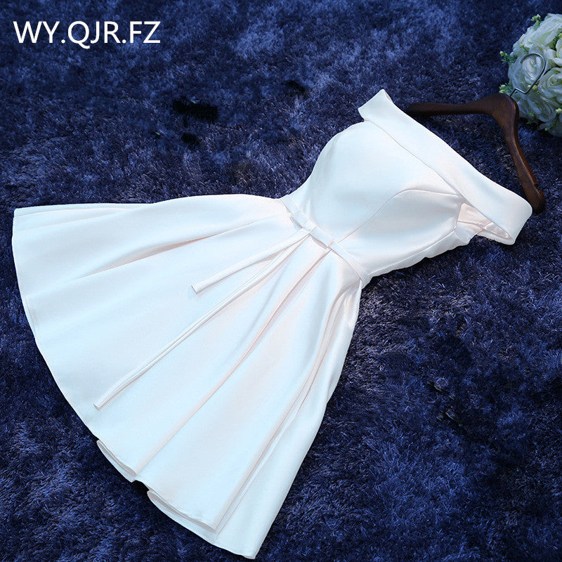 HJZY69#Boat Neck White Lace up Short Twill Satin Cloth Bridesmaid Dresses Bride Wedding Party Toast Dress Gown Prom Wholesale