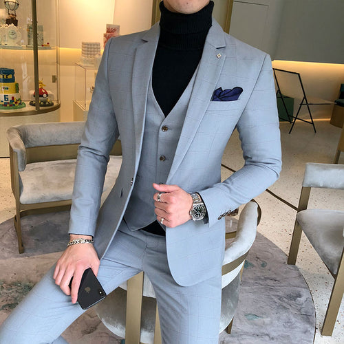 3 Pieces Suits Jackets+Pants+Vest Wedding Dress Suits For Men Blue Plaid Formal wear Suits New Men Slim Groom Suits Size XS-5XL
