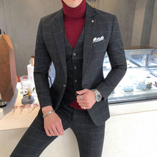Load image into Gallery viewer, 3 Pieces Suits Jackets+Pants+Vest Wedding Dress Suits For Men Blue Plaid Formal wear Suits New Men Slim Groom Suits Size XS-5XL