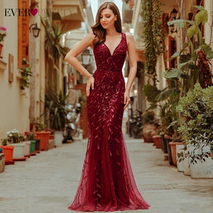 Burgundy Evening Dresses Ever Pretty EP07886 V-Neck Mermaid Sequined Formal Dresses Women Elegant Party Gowns Lange Jurk 2019