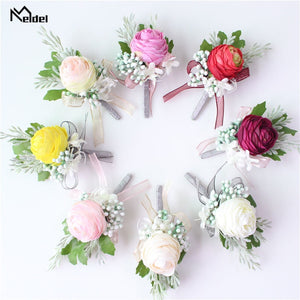 Meldel Men Corsage Groom Boutonniere Pin Bridal Wrist Corsages Champagne Burgundy Bridesmaid Bracelet Wedding Flower Accessories