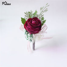 Load image into Gallery viewer, Meldel Men Corsage Groom Boutonniere Pin Bridal Wrist Corsages Champagne Burgundy Bridesmaid Bracelet Wedding Flower Accessories