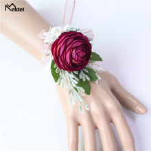 Load image into Gallery viewer, Meldel Men Corsage Groom Boutonniere Pin Bridal Wrist Corsages Champagne Burgundy Bridesmaid Bracelet Wedding Flower Accessories