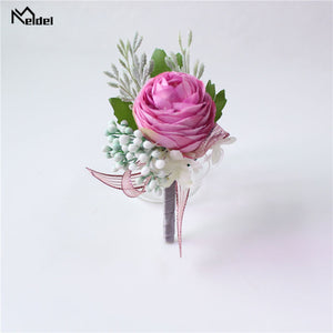Meldel Men Corsage Groom Boutonniere Pin Bridal Wrist Corsages Champagne Burgundy Bridesmaid Bracelet Wedding Flower Accessories