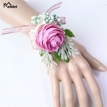 Load image into Gallery viewer, Meldel Men Corsage Groom Boutonniere Pin Bridal Wrist Corsages Champagne Burgundy Bridesmaid Bracelet Wedding Flower Accessories