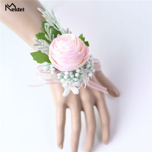 Meldel Men Corsage Groom Boutonniere Pin Bridal Wrist Corsages Champagne Burgundy Bridesmaid Bracelet Wedding Flower Accessories