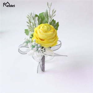 Meldel Men Corsage Groom Boutonniere Pin Bridal Wrist Corsages Champagne Burgundy Bridesmaid Bracelet Wedding Flower Accessories