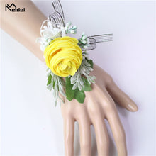 Load image into Gallery viewer, Meldel Men Corsage Groom Boutonniere Pin Bridal Wrist Corsages Champagne Burgundy Bridesmaid Bracelet Wedding Flower Accessories