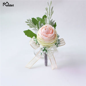 Meldel Men Corsage Groom Boutonniere Pin Bridal Wrist Corsages Champagne Burgundy Bridesmaid Bracelet Wedding Flower Accessories