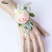 Load image into Gallery viewer, Meldel Men Corsage Groom Boutonniere Pin Bridal Wrist Corsages Champagne Burgundy Bridesmaid Bracelet Wedding Flower Accessories