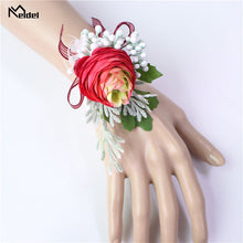 Load image into Gallery viewer, Meldel Men Corsage Groom Boutonniere Pin Bridal Wrist Corsages Champagne Burgundy Bridesmaid Bracelet Wedding Flower Accessories