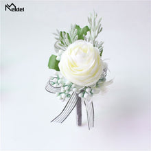 Load image into Gallery viewer, Meldel Men Corsage Groom Boutonniere Pin Bridal Wrist Corsages Champagne Burgundy Bridesmaid Bracelet Wedding Flower Accessories