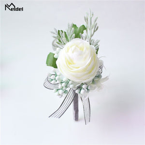 Meldel Men Corsage Groom Boutonniere Pin Bridal Wrist Corsages Champagne Burgundy Bridesmaid Bracelet Wedding Flower Accessories