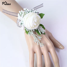 Load image into Gallery viewer, Meldel Men Corsage Groom Boutonniere Pin Bridal Wrist Corsages Champagne Burgundy Bridesmaid Bracelet Wedding Flower Accessories