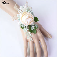 Load image into Gallery viewer, Meldel Men Corsage Groom Boutonniere Pin Bridal Wrist Corsages Champagne Burgundy Bridesmaid Bracelet Wedding Flower Accessories
