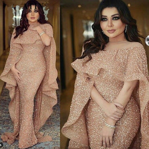 Evening Dress Long 2020 Mermaid Sparkly Glitter Sequin Rose Gold Dubai Saudi Arabic Formal Prom Party Gown Robe De Soiree