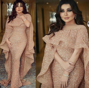 Evening Dress Long 2020 Mermaid Sparkly Glitter Sequin Rose Gold Dubai Saudi Arabic Formal Prom Party Gown Robe De Soiree