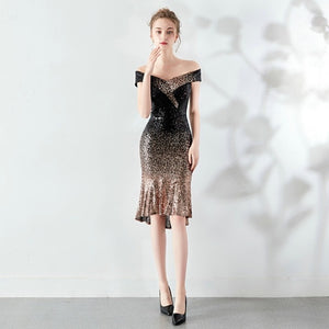New Women Boat Neck Elegant Sequin Prom Dress Knee Length Sparkle Party Dress
