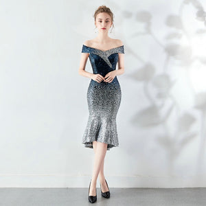 New Women Boat Neck Elegant Sequin Prom Dress Knee Length Sparkle Party Dress