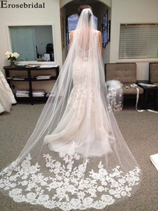 Erosebridal New Arrival 2019 Cathedral 3 Yard Bride Veil Lace Edge Veil Appliqued Long Women Wedding White Veil Custom Size