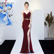 Load image into Gallery viewer, Sexy V-neck Split Long Prom Dress Strap Sequins Prom Party Dress Green/Black/Navy/Gold/RED