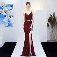 Load image into Gallery viewer, Sexy V-neck Split Long Prom Dress Strap Sequins Prom Party Dress Green/Black/Navy/Gold/RED