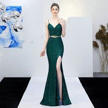 Load image into Gallery viewer, Sexy V-neck Split Long Prom Dress Strap Sequins Prom Party Dress Green/Black/Navy/Gold/RED