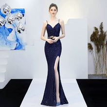 Load image into Gallery viewer, Sexy V-neck Split Long Prom Dress Strap Sequins Prom Party Dress Green/Black/Navy/Gold/RED