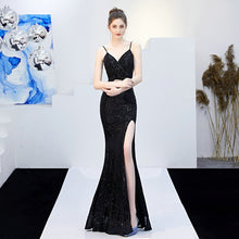 Load image into Gallery viewer, Sexy V-neck Split Long Prom Dress Strap Sequins Prom Party Dress Green/Black/Navy/Gold/RED