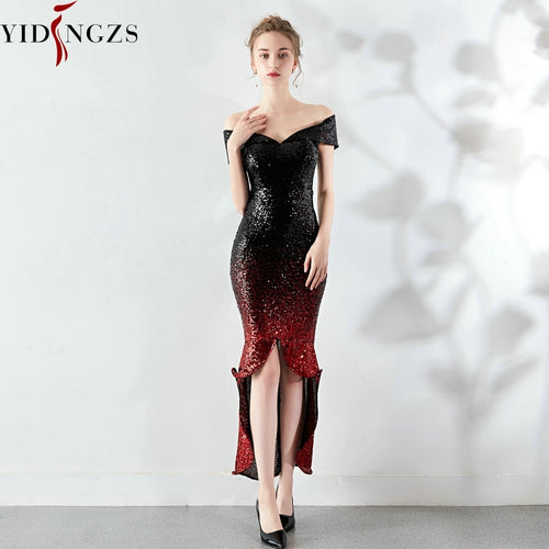 YIDINGZS New Arrive Women Elegant Sequin Prom Dress Short Front Long Back Sparkle Party Dress