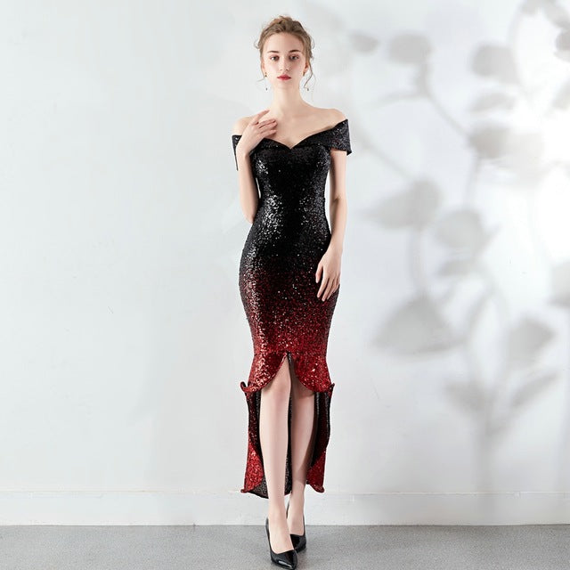 YIDINGZS New Arrive Women Elegant Sequin Prom Dress Short Front Long Back Sparkle Party Dress