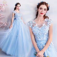 Load image into Gallery viewer, Walk Beside You Tulle Prom Dresses Blue Lace Appliques Beading A-line Long Vestidos De Graduacion Butterfly Evening Gowns Stock